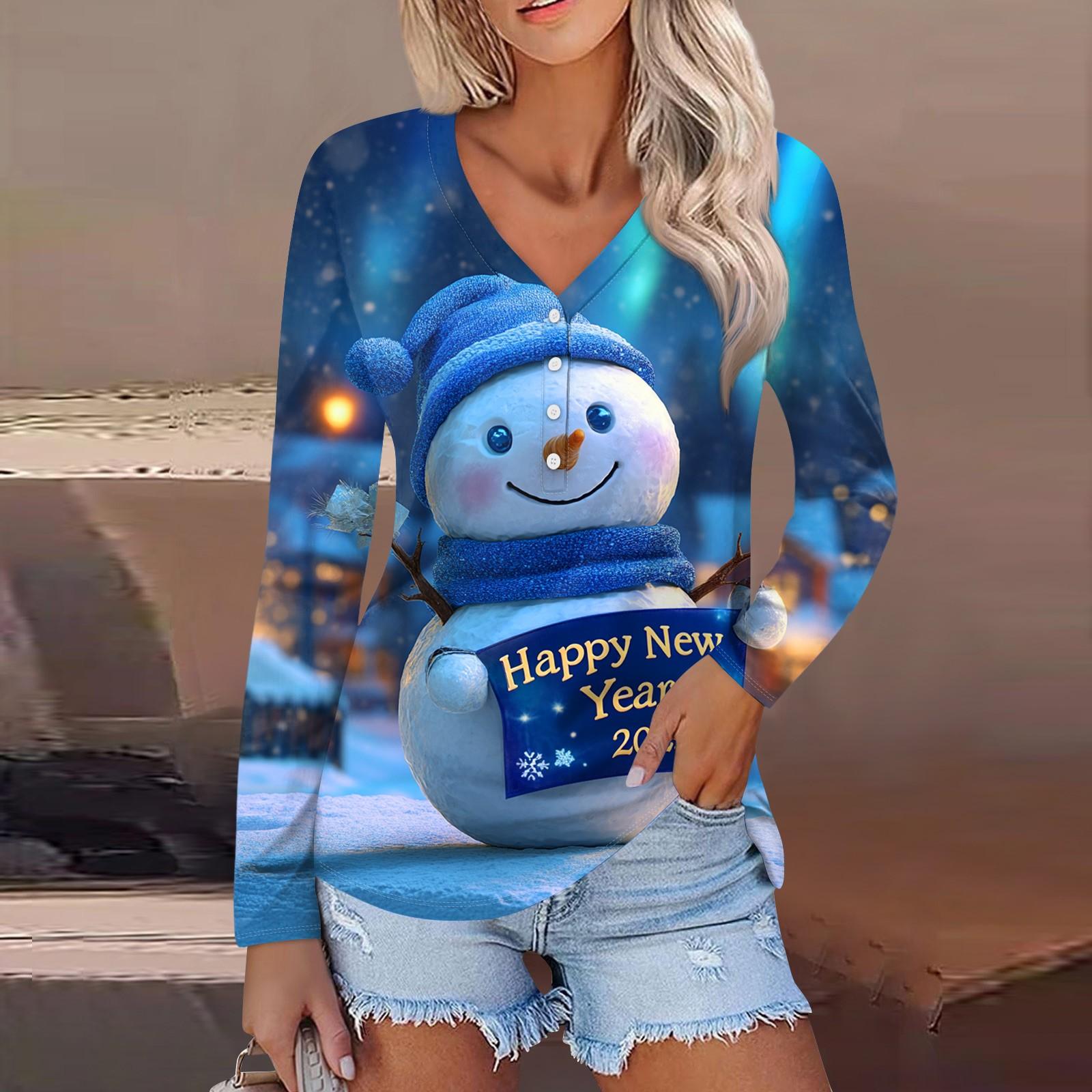 

Женская повседневная мода сексуальный комфорт рождественский принт V-образный вырез пуговицы длинный рукав XXXL