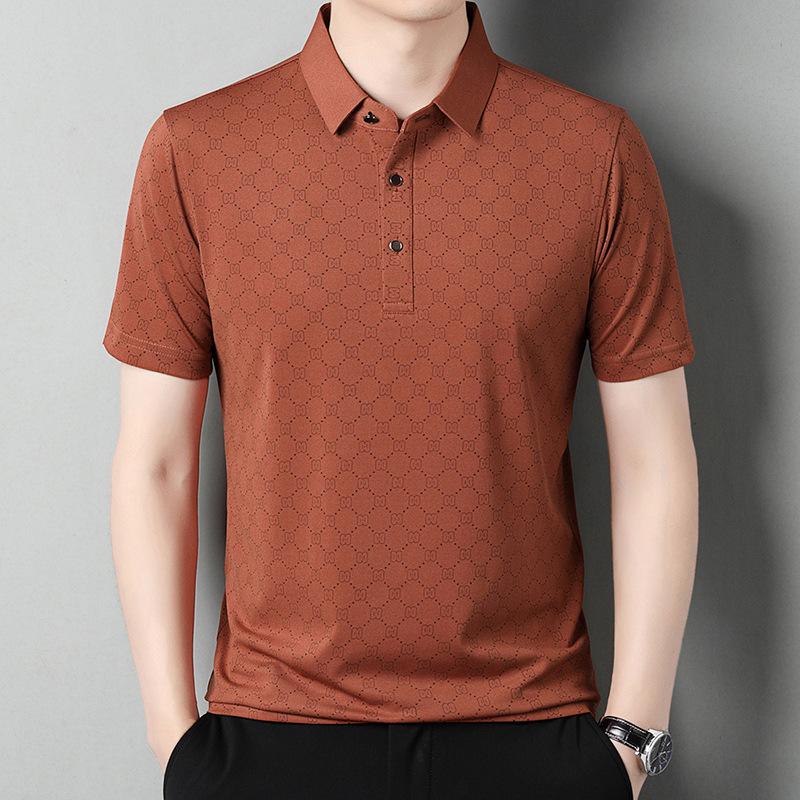 Summer Thin Ice Silk Men Polo Shirt Middle Age Loose Collar Solid Color Casual Short Sleeve T Shirt