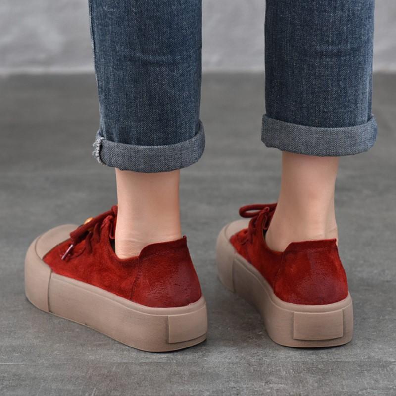 Johnature Genuine Leather Thick Sole Women's Shoes Round Toe Lace-up Versatile Casual Flat Platform Shoes
