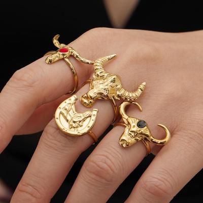 18k Gold Plated Stainless Steel Bull Head Geometric Ring - European & American Style Luxury Index Finger Ring