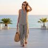 Women Linen V Neck Sleeveless Top and Wide Leg Pants Set Casual Loose Fit Striped Two Piece Outfit for Daily Wear