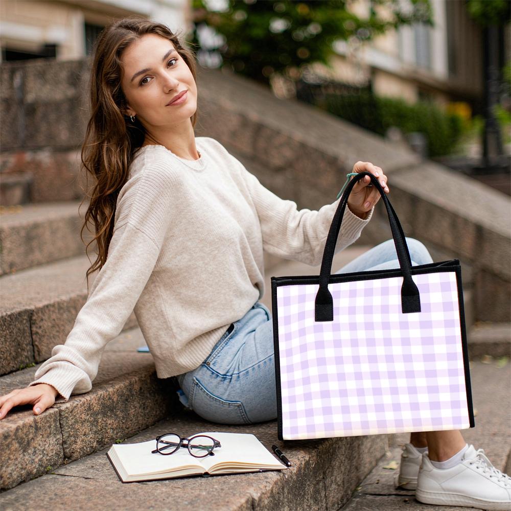 Lilac Plaid Canvas Tote Bag Large Casual Daily Handbag for Shopping Commute
