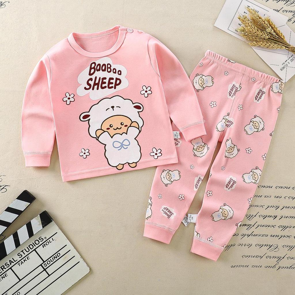 Cartoon Print Pajama Suit Tops+Pants 2-piece Set Underwear Kids Boys Girls Baby Cotton Sleepwear