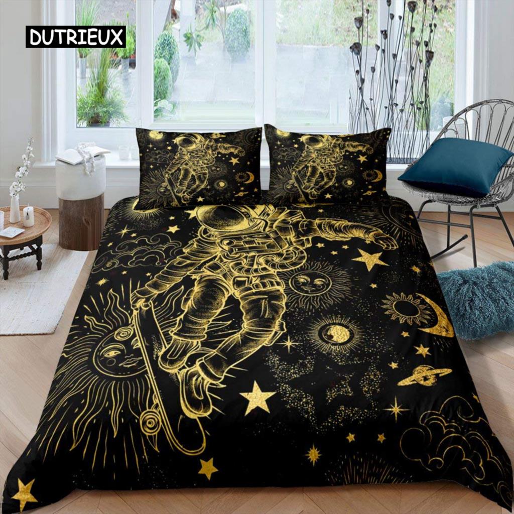 Set cuvertură de pilota astronaut Set de lenjerie de pat astronaut care cântă la chitară Adolescenți băieți Copii Galaxy Stars Spațiu cosmic Husă de poliester