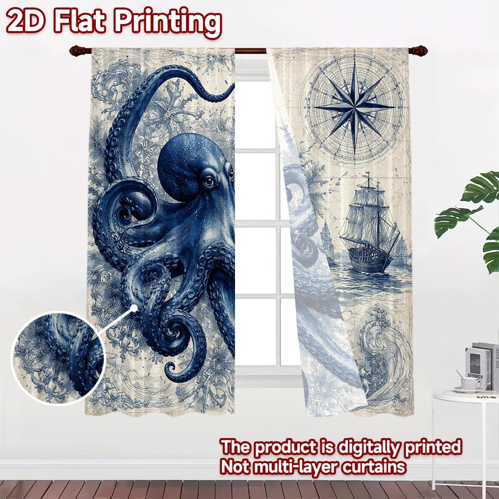 2D FLAT PRINTING 2pcs Curtains (Without Rod) Nautical Adventure Drawing Print Chic Curtains Machine Washable Fabric Curtains Art