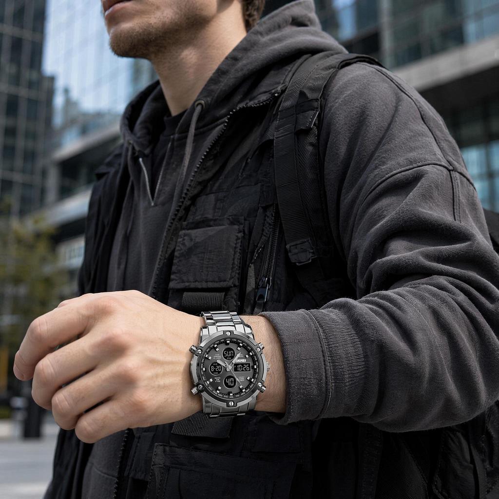 Orologio Digitale da Uomo SKMEI Triplo Fuso Orario Doppio Display Acciaio Inossidabile 1389