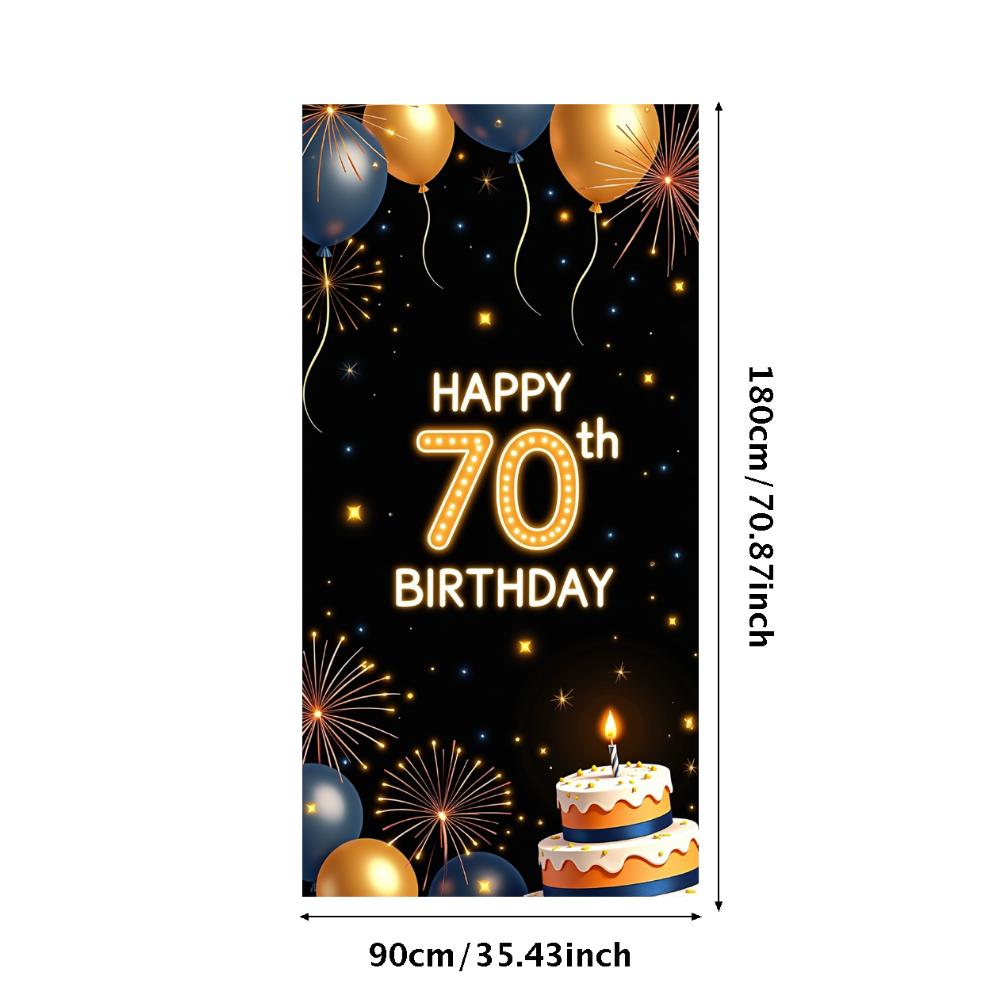 Happy 70th Birthday Banner Backdrop Black gold Birthday Party Decorations Photography Props Sparkle Balloon Background