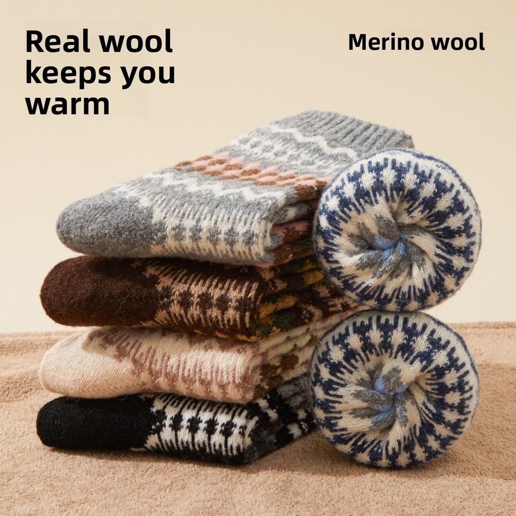 Wool Socks - Children's Vintage Fair Isle Ethnic Style Mid-length Socks for Winter, Thick and Warm Pile Socks