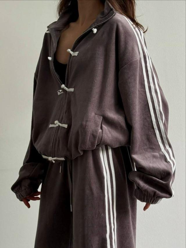 Fashion Buckle Three Bars Casual Suit Retro Stand-up Collar Jacket Wide-leg Sweatpants Two-piece Set