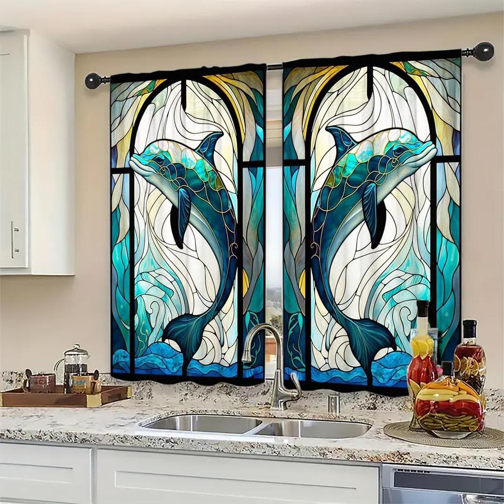 2-Panels Stained Glass Dolphin Decorative Curtains   Semi Transparent Without Lining   Durable Polyester Fiber Curtains