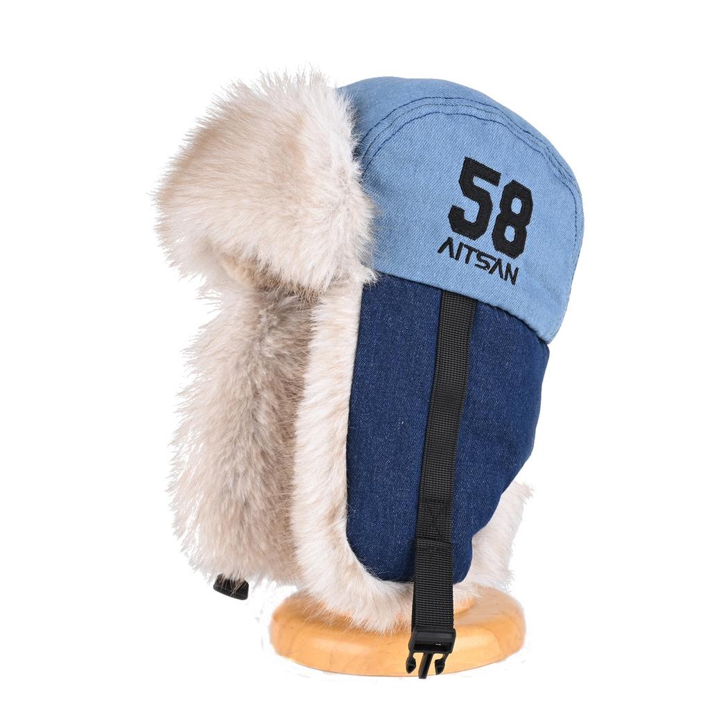 Koreansk version av hatt med denimfärgmatchning för män och kvinnor, varm bomullshatt för vintern med öronvärmare, förtjockad pilotmössa i plysch