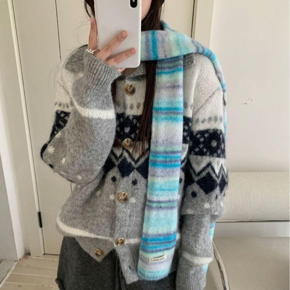 Korean Style Cashmere Knitted Scarf Plush Winter Shawl Fashion Rainbow Striped Scarf  Student
