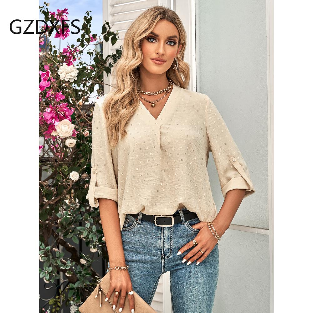 DX-Spring/Summer New Women's Fashion Solid Loose V-neck 3/4 Sleeve Top