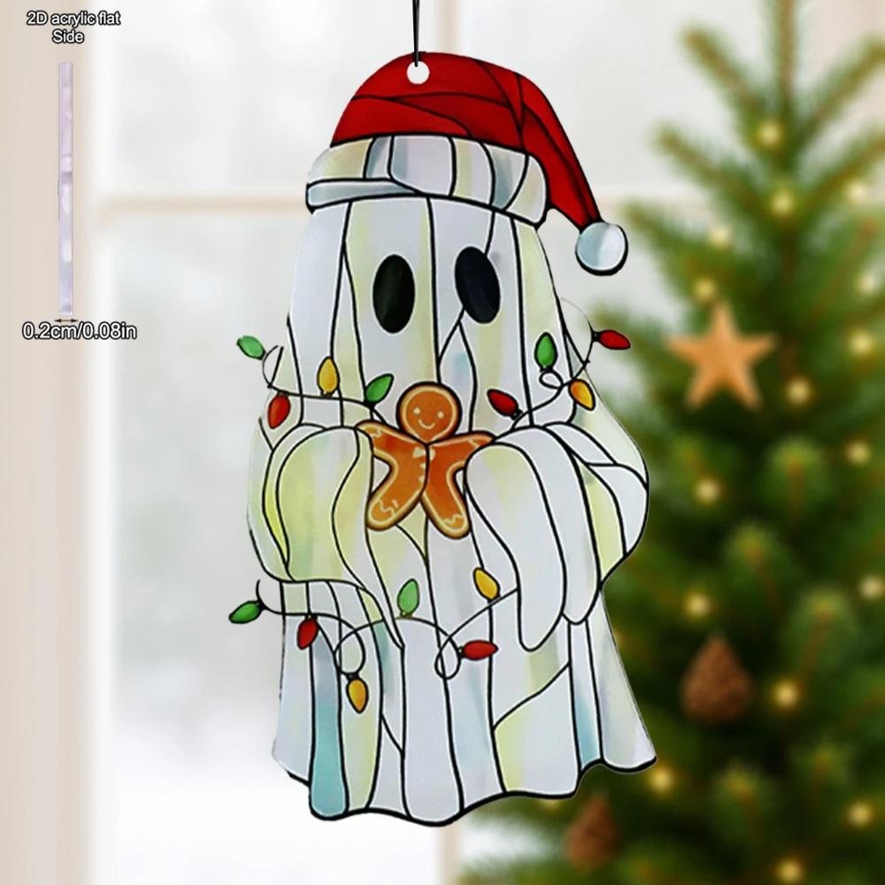 1pc Christmas Ghost Hanging Ornament Cute Ghost with Santa Hat Decortive Acrylic Suncatcher Art Pendants for Xmas Tree & Home Window