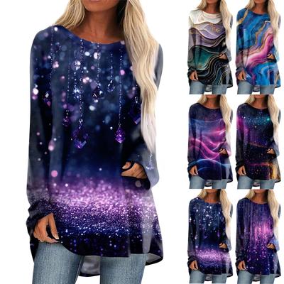 Women's Fashion Casual Long Sleeve  Print Round Neck Pullover Top Blouse