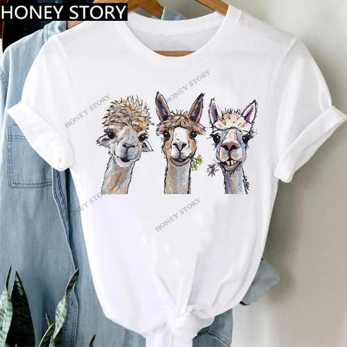 Women's Animal Panda Alpaca Print Loose T-shirt Aesthetic Graphic Top Summer Fashion Polyester Fabric Student Base Layer Shirt