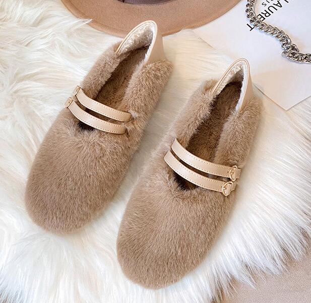 Fashion Elegant Belt Buckle Fur Mocasines Women Rabbit Hair Flats Winter Warm Plush Wool Shoes Ladies Slip On Loafers Furry Ballerinas