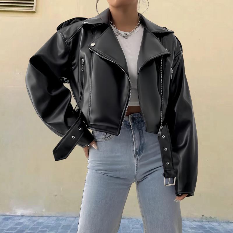 

Женская ретро-косуха из искусственной кожи с лацканами, Осень 2025 L чёрный