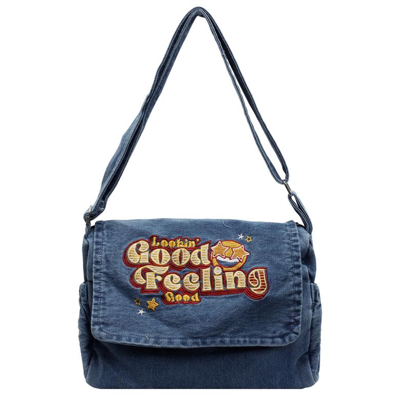 Large Capacity Denim Bag Student Class Crossbody Bag Letter Embroidery Women Commuter Tote Bag