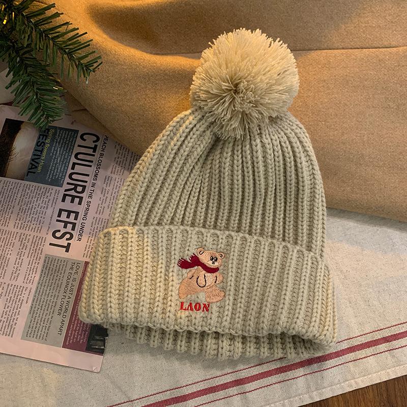 Cute Bear Coffee-colored Knitted Wool Hat for Women's New Winter Warm and Thickened Face Small Ear Protection Hat Tide