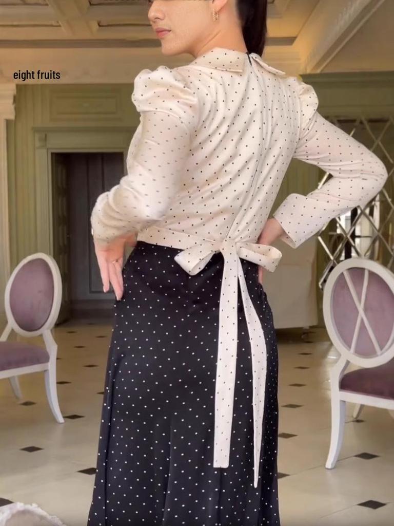 2024 Autumn Polka Dot Patchwork Tie-up Dress