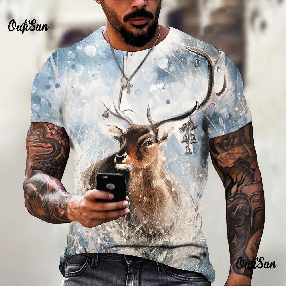 Vintage Elk 3d Printing Summer Short-Sleeved T -Shirt Men Casual Round Neck Pullover Oversized Men's T-Shirt Clothing