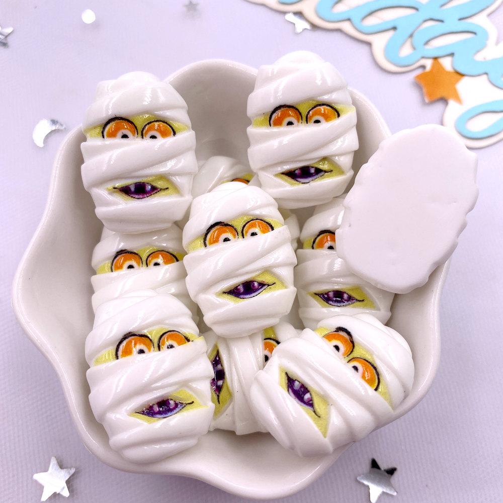 8Pcs Resin Cute Colorful 3D Ghosts Bat Cake Pumpkin Owl Skull Head Figurines Flatback Stone Decor DIY Halloween Scrapbook Crafts