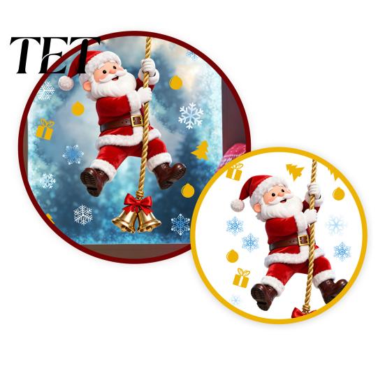 Removable Glass Stickers Christmas Window Cling, Santa Climbing Rope Sticker, Static Cling Clings PVC Tree Decal for Doors Windows Holiday Home Decor