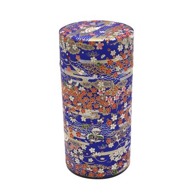 Kyoto Katsugu Japanese Paper Tea Caddy, Made In Japan (Dark Blue with Plum and Cherry Blossom Fan Gold)