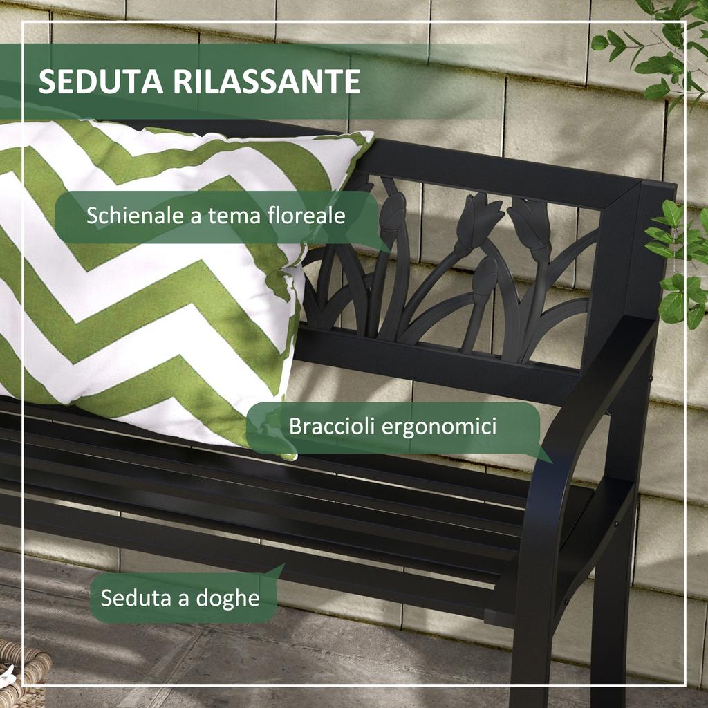 2-Seater Garden Bench in Steel with Decorated Backrest and Armrests, 125x50x75cm, Black
