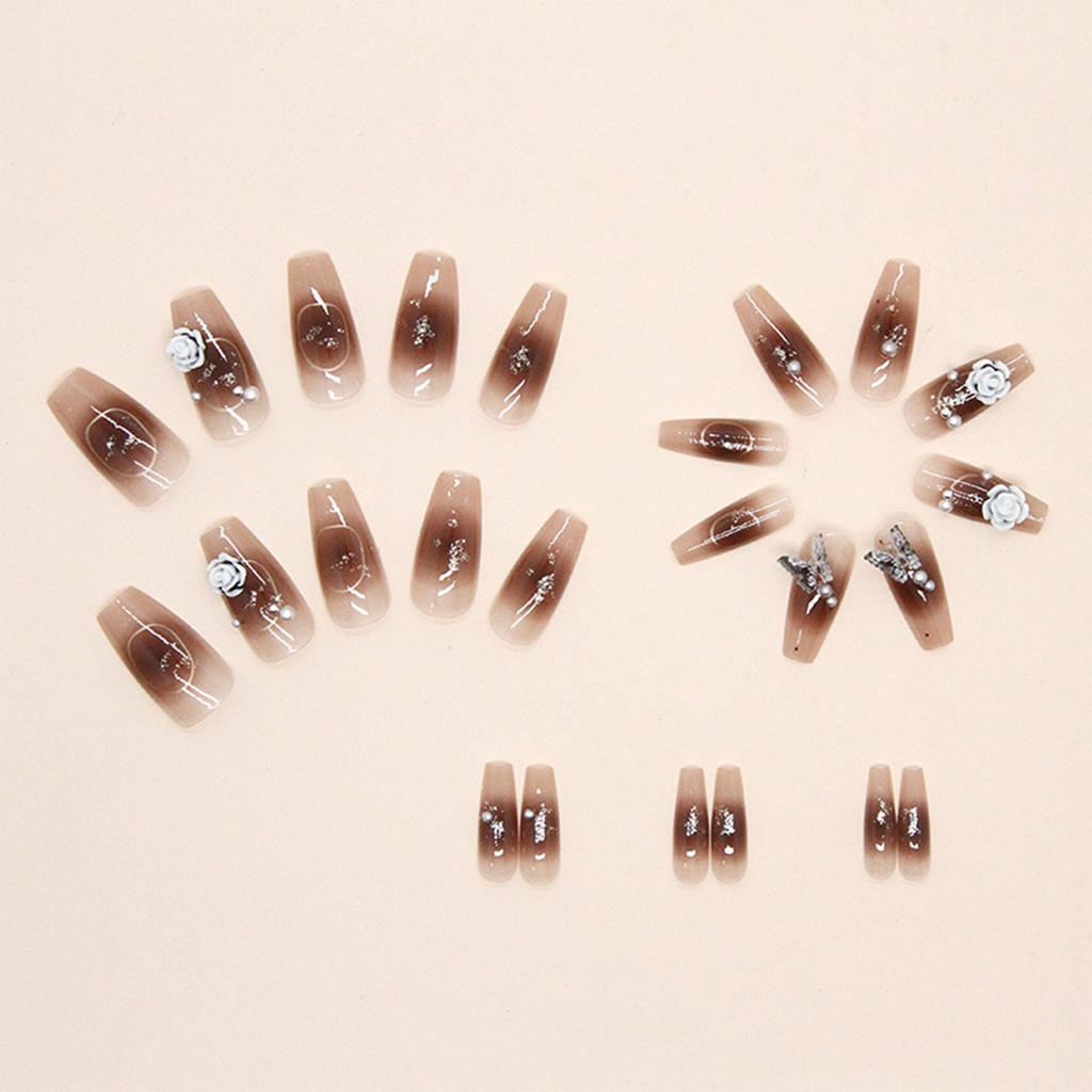 Brown Smudging False Nails with 3D Rose Setting Ultra-flexible Long Lasting Fake Nails for Manicure Lovers and Beauty Bloggers