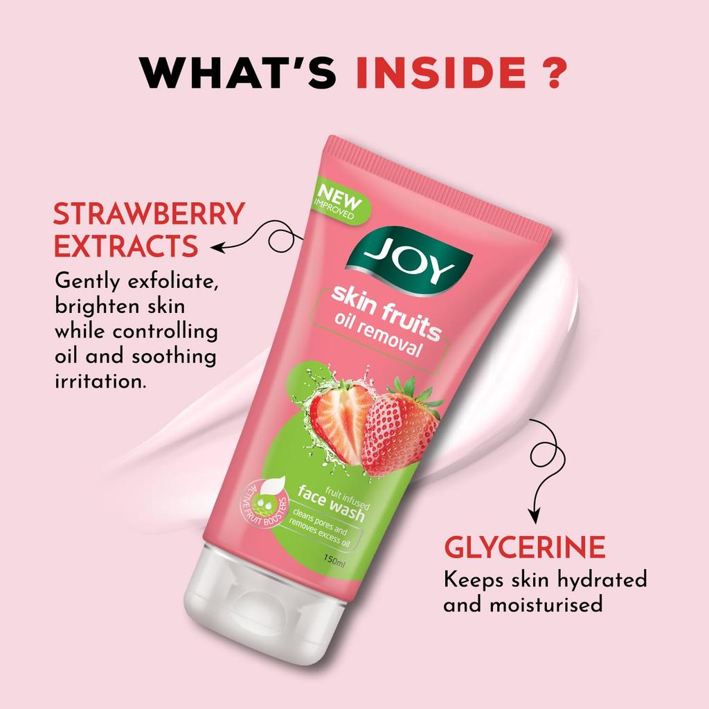 Joy Skin Fruits Strawberry Oil Removal Face Wash, 150ml | Fruit-Infused Formula for Oily & Combination Skin | Deep Cleansing Gel That Removes Exc
