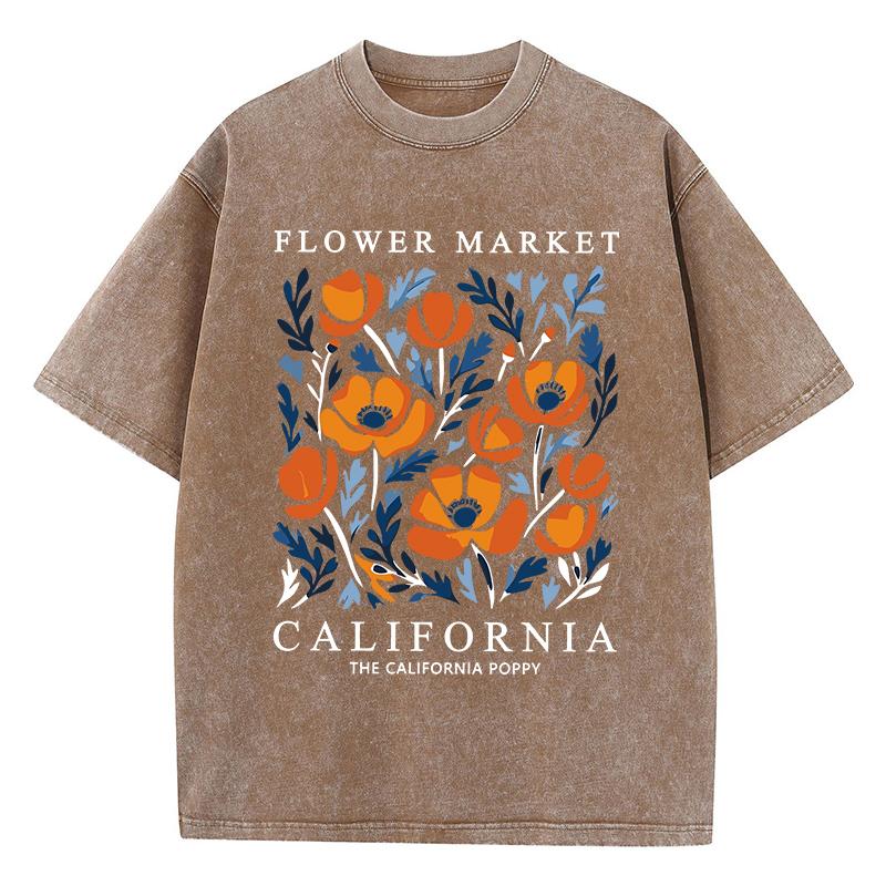 Flowers Market California Prints Washed TShirts Womens Cottontops Comfortable ONeck Oversize T Shirts Fashion Womans Clothes