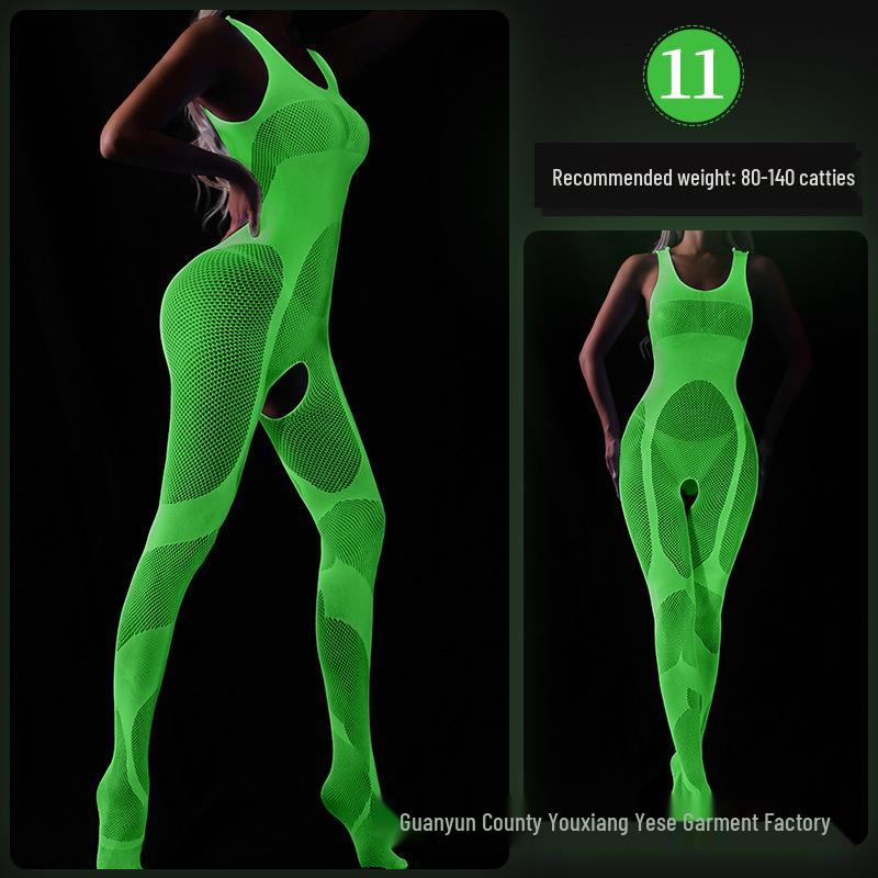 Linlinting Plus Size Glow-in-the-Dark Fishnet Bodystocking with Luminous Bandeau and Socks