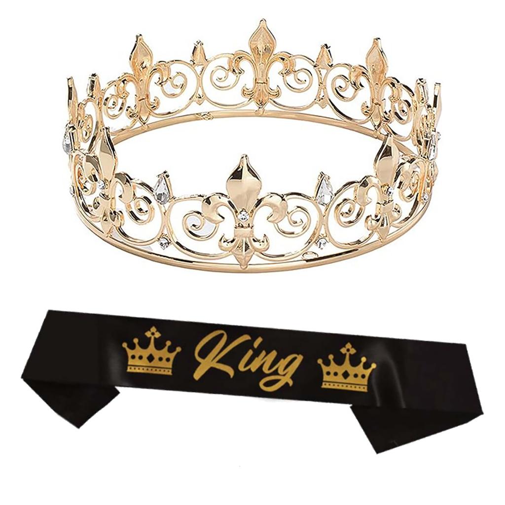 Party Royal Crown med skärp för män Kvinnor Födelsedag King Rhinestone Crown Shoulder Wrap Set Kvällsfestrekvisita tillbehör
