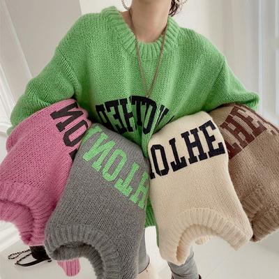 Herbst Winter Bonbonfarbener Strickpullover Damen Locker Lässiger Wind Verdickter Rundhals Buchstaben-Design Bequem Vielseitig Mode Pullover
