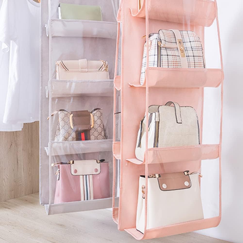 2pcs 8 Pockets Hanging Purse Handbag Organizer Clear Hanging Shelf Bag Collection Storage (Pink*2)
