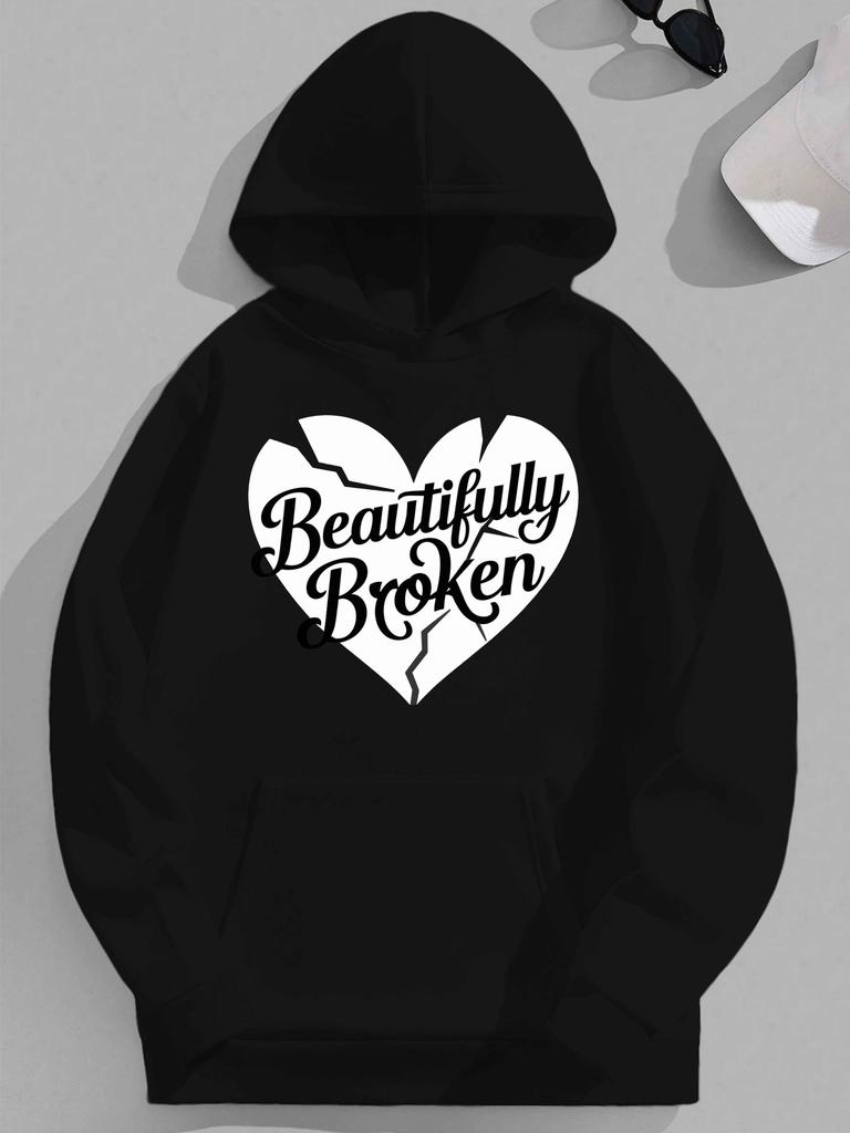 Men's Hooded Sweatshirt with Beautiful Broken Heart Pattern - Black Loose and Casual Pullover, Machine Washable