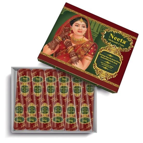 Neeta Mehendi Kegel für die Hand 12 Stück in 1 Schachtel (Packung mit 8) Braut-Mehndi-Kegel Natürlicher Mehendi-Kegel für Hochzeit, Rötlich-braune Farbe