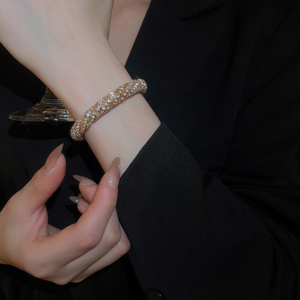 Gold Rhinestone Bangle Round Open Bangle Luxury Cuff Bracelet  Gift
