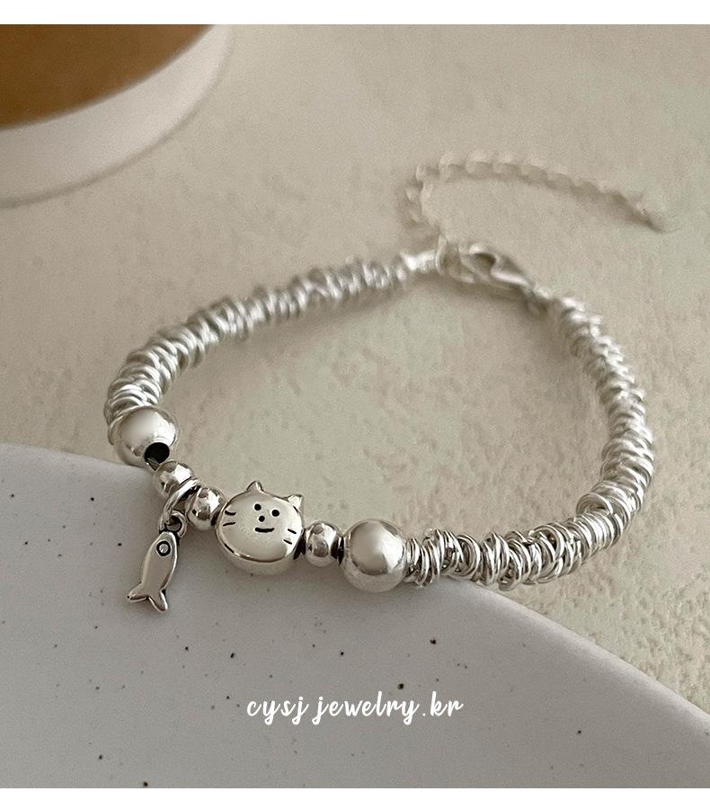 Cui Yan S925 Sterling Silver Korean Style Cat & Fish Wrap Bracelet for Women - Simple, Niche Design, 2025 New Collection.