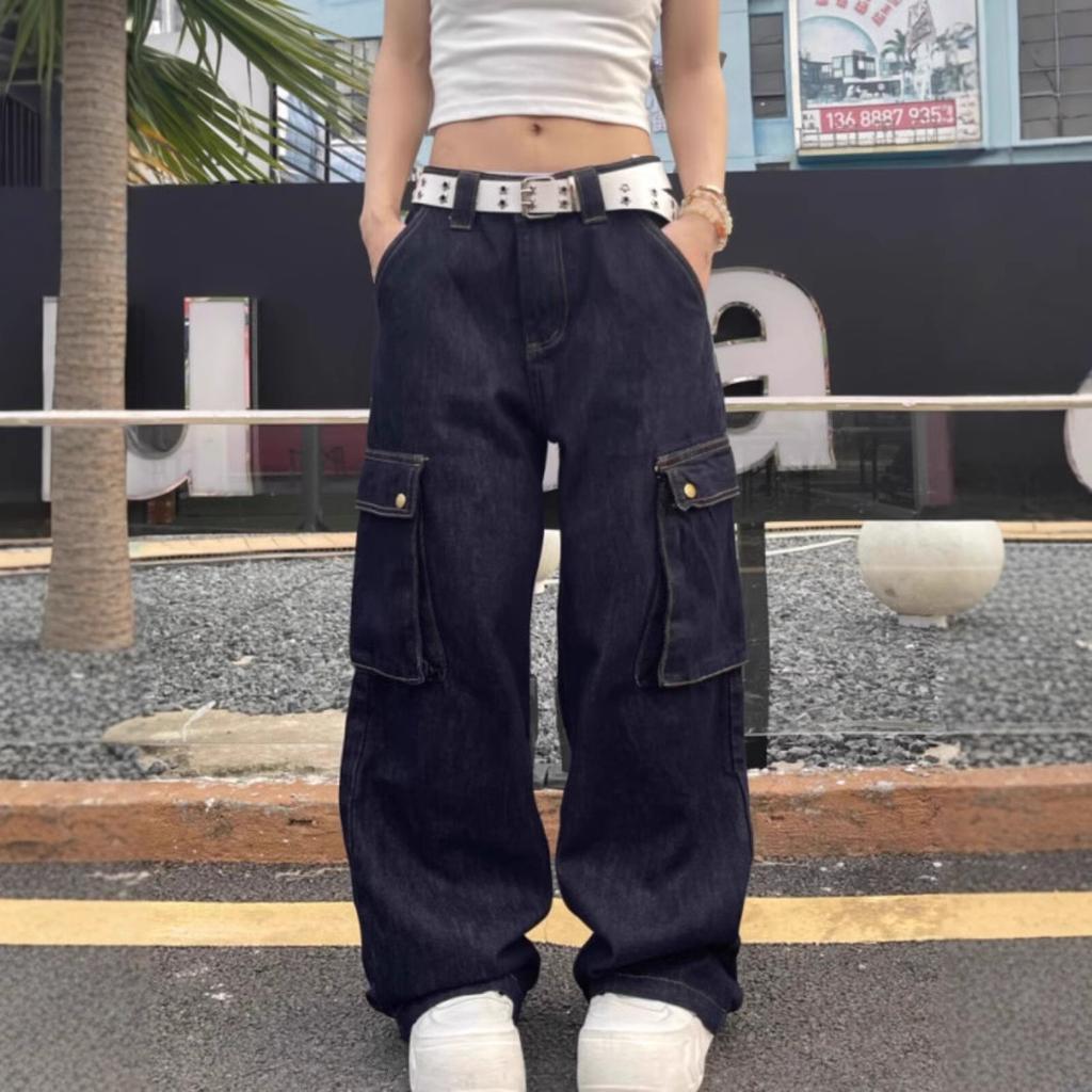 American Retro Design Sense Multi-pocket Tooling Jeans Men's Loose Straight High Street Ruffian Handsome Fried Street Wide-leg Pants