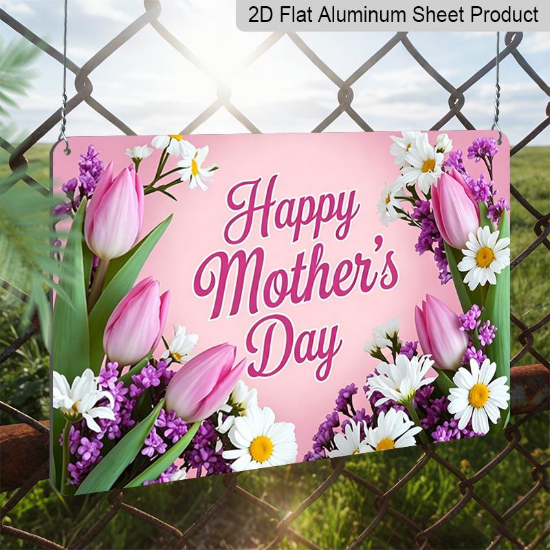 2D Flat, 1pc "Happy Mother's Day" Tulip & Daisy Floral Plaque, 12"×8" - Pink & Purple Flower Decor Sign - Aluminium Wall Hanging Decoration, Sweet