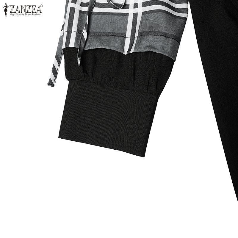 ZANZEA Women Muslim Casual Round Neck Long Sleeve Plaid Print Patchwork Loose Long Dress