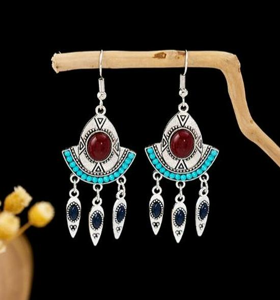 Peacock Tassel Earrings with Hollow Leaf Design in Retro Ethnic Style Imitation Silver for Women