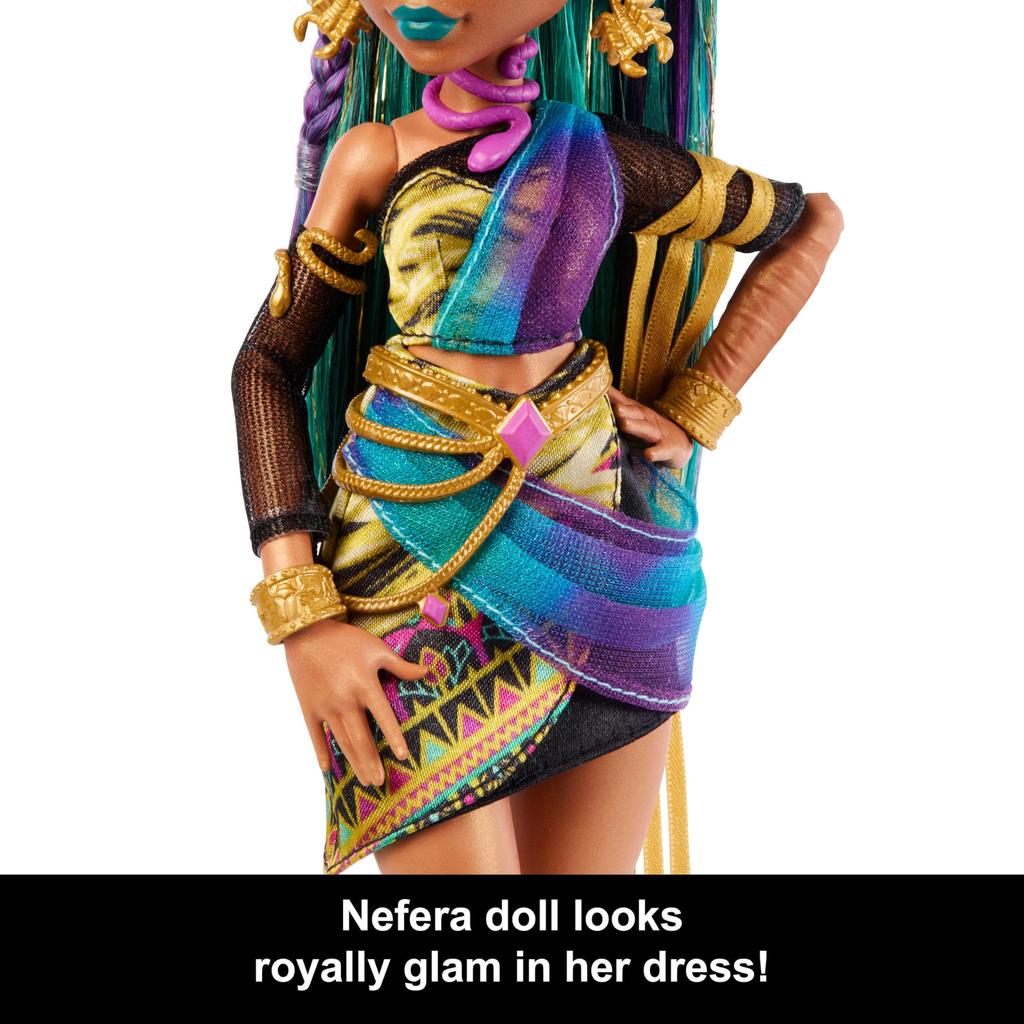 Includes Monster High Nefera De Nile Doll In a Royal Mummy Dress and Pet Scarab Plush Plush and 7 Accessories Including a and Purse, Laptop,