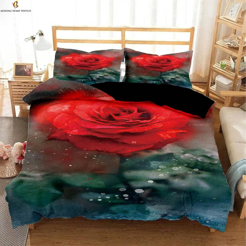 Valentine Day Romantic Red Rose Printing Quilt Cover Black White Color Matching Bedding Set Pillowcase Curtain Polyester