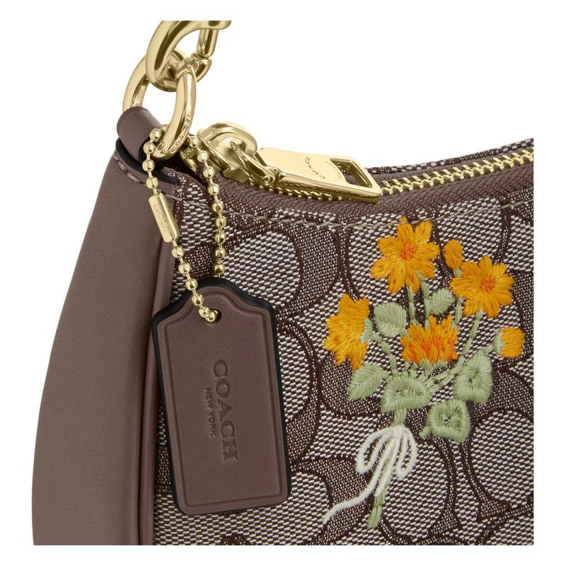Coach Shoulder Bag Teri 25 Floral Embroidered Zip Closure Detachable Top Hand Strap Signature Jacquard and Smooth Leather Medium Women's Oak