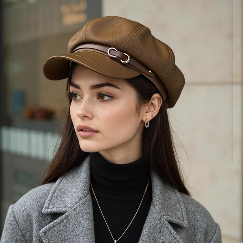 1PC Peak Cap Vintage Belt Buckle Design Gift Accessories Versatile Beret Cool Leather Brim Fashion Octagonal Hat Warmth 58-60cm