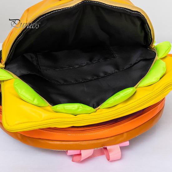 Batoh na hamburger s nastavitelnými popruhy, realistický 3D design, velká kapacita, prostorné přihrádky, úložný pouzdro na batoh na cheeseburger